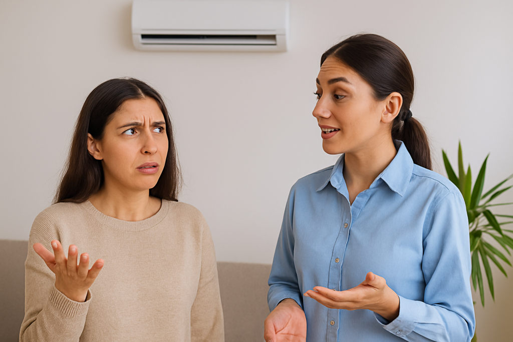 Dua wanita berdiskusi, satu tampak bingung saat bertanya soal perawatan Smart AC