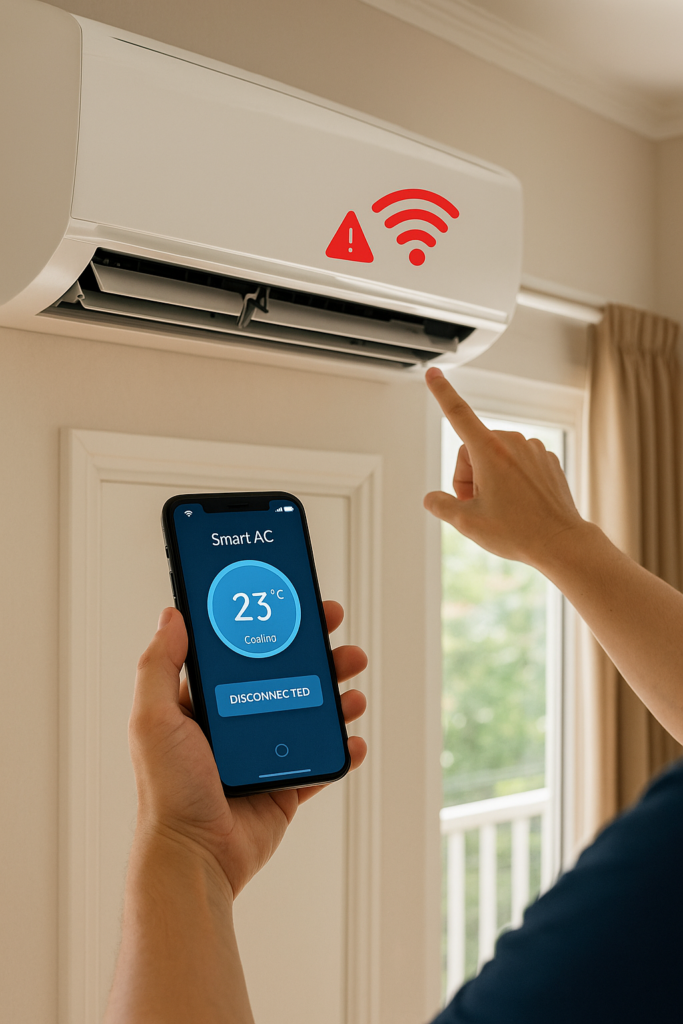 Seseorang sedang memeriksa Smart AC yang tidak terhubung ke WiFi