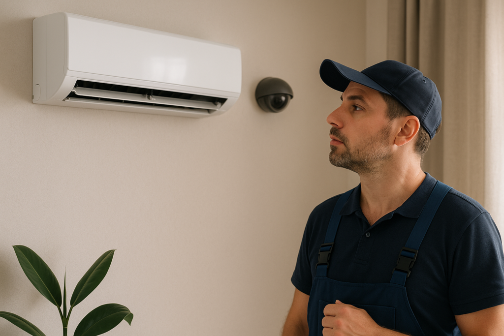 Teknisi memeriksa Smart AC dan CCTV di dalam ruangan