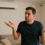 Pria bingung berdiri di dalam ruangan dengan Smart AC