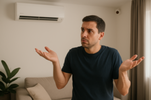 Pria bingung berdiri di dalam ruangan dengan Smart AC