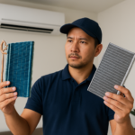 Teknisi memegang evaporator dan heat exchanger di dalam ruangan ber-AC