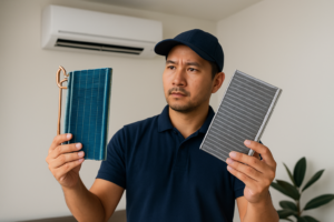 Teknisi memegang evaporator dan heat exchanger di dalam ruangan ber-AC