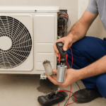 Teknisi sedang memeriksa evaporator dan kompresor AC
