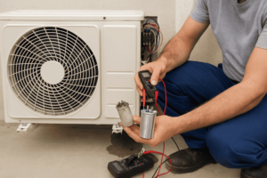 Teknisi sedang memeriksa evaporator dan kompresor AC