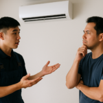 Teknisi AC sedang menjelaskan kerusakan evaporator kepada pemilik rumah di ruangan ber-AC