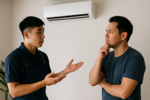 Teknisi AC sedang menjelaskan kerusakan evaporator kepada pemilik rumah di ruangan ber-AC